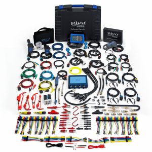 PicoScope 4-Channel Master Kit (also called PicoScope 4425A) on display with the numerous accessories included in the kit, as well as the oscilloscope and accessory storage components.