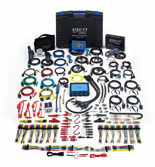 PicoScope 4-Channel Master Kit (also called PicoScope 4425A) on display with the numerous accessories included in the kit, as well as the oscilloscope and accessory storage components.