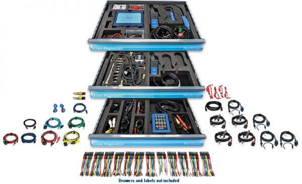PicoScope 4425A 4-Channel oscilloscope Master Kit with foam storage trays on display with the numerous accessories included in the kit. (PQ237) Includes Autonerdz training and support.