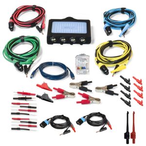 PQ4425A Lite Kit PicoScope 4-Channel oscilloscope on display with the numerous accessories included in the kit.